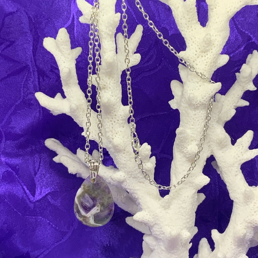Purple Brazil Zebra Amethyst Necklace on Stainless Steel Silver Plated Chain - Picture 7 of 12